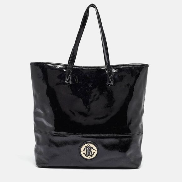 Roberto Cavalli Black Patent Leather Logo Tote - Picture 1 of 4